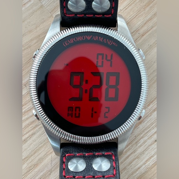 Emporio Armani Rare Digital Watch Red Dial Solid Stainless Case Leather Strap - Picture 1 of 15
